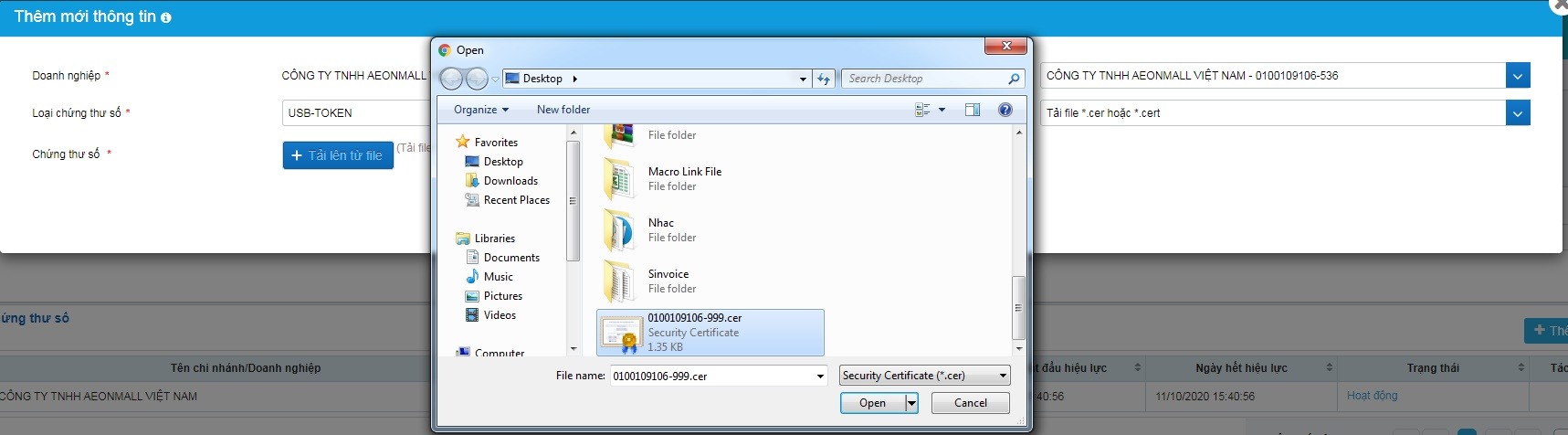 Thêm mới từ file Cer, Cert đã Export